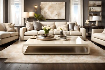 A sleek cream-colored coffee table serving as the focal point in a stylishly appointed living room, exuding an aura of understated elegance and refinement.