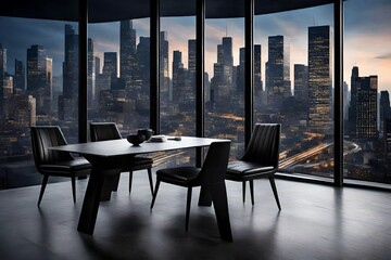 A sleek black chair and table set against a backdrop of a modern urban skyline.