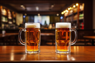 Two glasses of fresh frothy beer on wooden background in bar