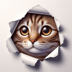 Cat peeking through a gap in torn paper　破れた紙の隙間からこっちを見る猫