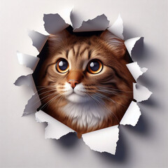 Cat peeking through a gap in torn paper　破れた紙の隙間からこっちを見る猫 - obrazy, fototapety, plakaty