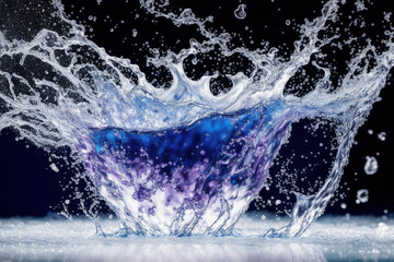 Water splash with bubbles on blue background. Abstract background.  Generative AI