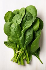 Bundle of fresh spinach isolated on white and white background, top view. Generative AI