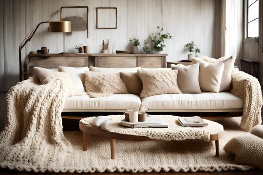 A cozy ivory-colored loveseat adorned with knitted throw blankets.