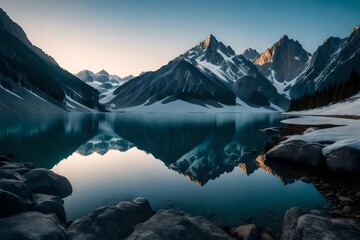 A majestic mountain range reflected perfectly in the calm, crystal-clear waters of a serene alpine lake at dawn.