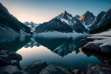 Foto op Plexiglas Reflectie A majestic mountain range reflected perfectly in the calm, crystal-clear waters of a serene alpine lake at dawn.