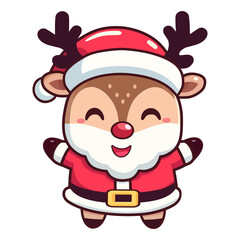 cute reindeer with white beard wearing Santa hat cartoon character vector illustration. flat design.	