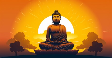 Happy Buddha Purnima, Gautam Buddha meditating, illustration for Vesak day or Buddha Purnima, Generative AI