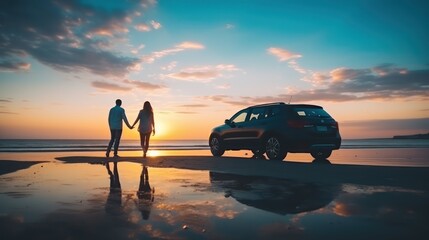 Naklejka premium Family vacation holiday. Loving couple having fun on the beach in the sunset. Photo of a happy young family on a beach and a car on the side. Couple traveling by car.