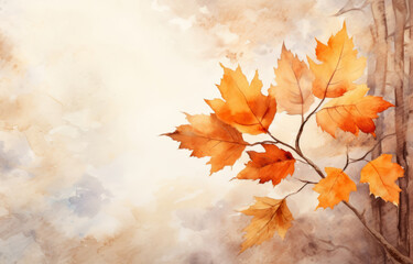 Naklejka na ściany i meble Watercolor illustration of orange autumn leaves with copy space