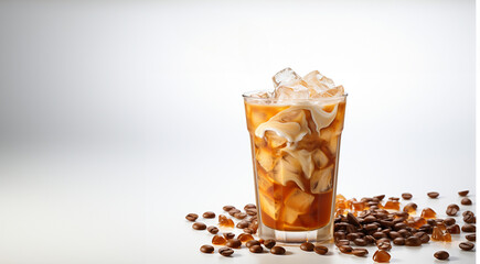 Assorted iced coffee on white concrete background. Minimal composition with cold summer drinks: espresso tonic, ice moccachino and latte. Summer composition for coffee menu copy space