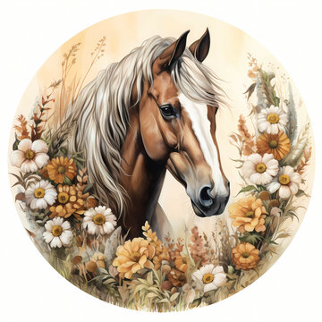 Circle Design Airbrush Art Draft Horse, a painting of a horse in a field of flowers.