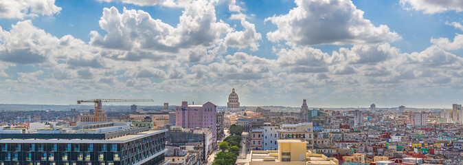 Panoramic view of an Old Havana and colorful Old Havana streets in historic city center (Havana Vieja) near Paseo El Prado and Capitolio