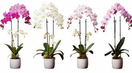 collection of flowering orchids in various pots isolated on a white background, Generative AI