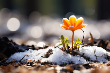Spring snowdrops flowers orange crocuses in the snow on a bokeh background with space for text....