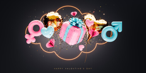 Gender symbols with gift box and balloons. Valentine's Day greeting card design with text on black background. 3D Rendering, 3D Illustration