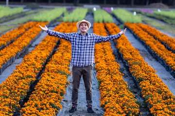 Deurstickers Asian gardener is welcoming people into his cut flower farm full of orange marigold for medicinal and garnish in the fine dining restaurant business © Akarawut