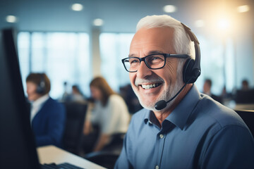 Call center agent with headset working on support hotline in office. Portrait of senior smiling agent in conversation with customer.