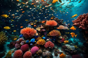 A majestic, vibrant coral reef bustling with an array of marine life beneath the shimmering surface of the sea.