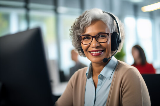Call center agent with headset working on support hotline in office. Portrait of senior smiling agent in conversation with customer.