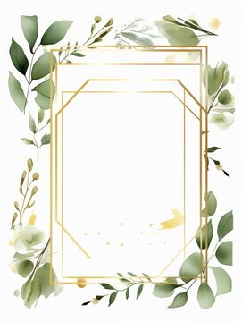 Wedding greenery posters. Floral green invitation cards with rustic garden branches and leaves. trendy eucalyptus borders in golden frame, Generative AI