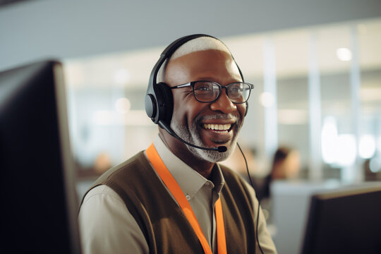 Call center agent with headset working on support hotline in office. Portrait of senior smiling agent in conversation with customer.
