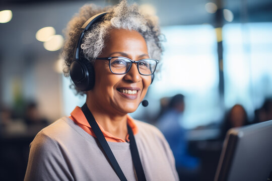 Call center agent with headset working on support hotline in office. Portrait of senior smiling agent in conversation with customer.