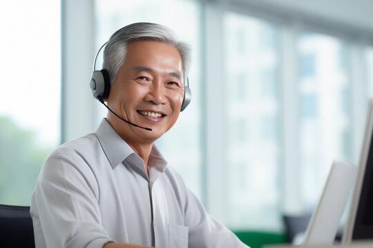 Call center agent with headset working on support hotline in office. Portrait of senior smiling agent in conversation with customer.