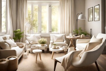 A cozy nook with white armchairs, cream-colored throws, and a small coffee table for a comfortable...