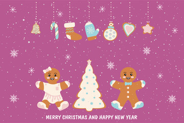 Merry Christmas and New Year 2024 greeting card. Christmas card with wishes and a composition of festive elements and gingerbread. Vector 