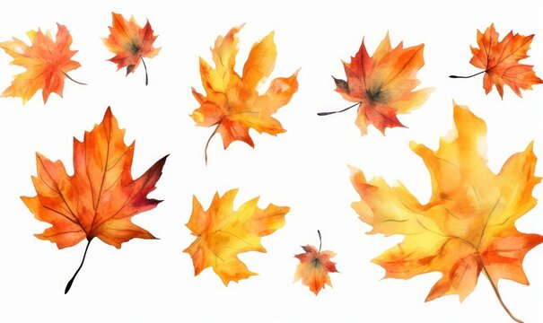 Autumn season banner. Greeting card with inscription Hello, Autumn and hand drawn watercolor illustration fall leaves. isolated on white background, Generative AI