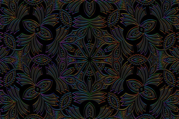 Embossed festive black background, vintage cover design. Boho style, ornamental handmade. Geometric ethnic 3D pattern. Artistic decor of the East, Asia, India, Mexico, Aztec, Peru.