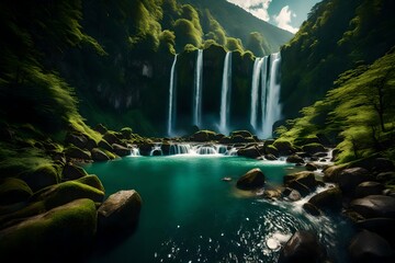 A panoramic vista capturing the beauty of cascading waterfalls against a backdrop of vibrant, green mountainous terrain. - obrazy, fototapety, plakaty