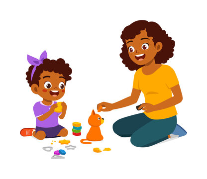 little kid playing clay with mother together