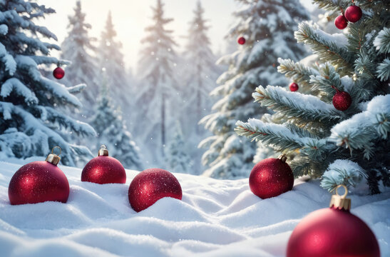 Beautiful Christmas tree with red balls decorations on snowy background.