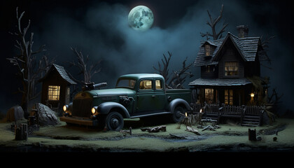 Obraz premium Create a spooky monster truck with a haunted house or graveyard theme. Add ghostly figures, tombstones, and eerie lighting effects to give it a haunted and mysterious