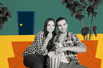 Artwork collage picture of positive black white colors partners sit couch eat popcorn watch movie...