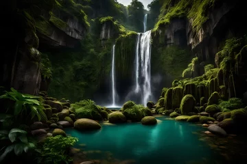  A majestic, cascading waterfall framed by lush greenery and dramatic cliffs in a secluded paradise. © LOVE ALLAH LOVE