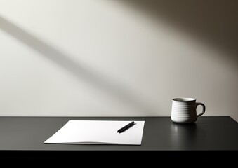 A minimalist composition of an interpreter's desk, with only a pen and a notepad, emphasizing the - obrazy, fototapety, plakaty