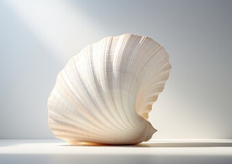 A minimalist composition of a white seashell placed on a white background, with a soft beam of