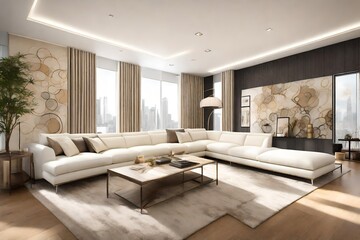Naklejka na ściany i meble A contemporary living room with white sectional sofas, cream-colored rugs, and artistic wall accents for a modern touch.