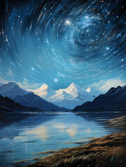 Fototapeta na wymiar Oil Painting Time-Lapse Motion Blur, a mountain range with stars in the sky.