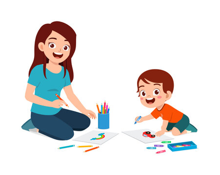 little kid drawing using crayon with mother