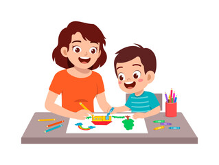 little kid drawing using crayon with mother