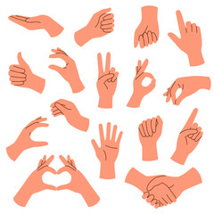 Set of hands with different gestures isolated on white background.	
