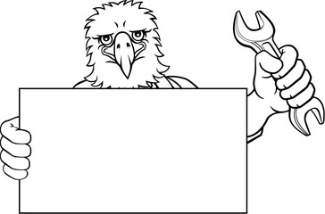 An eagle handyman, mechanic, plumber or other construction cartoon mascot man holding a wrench or spanner tool.