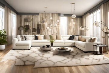 Fototapeta na wymiar A contemporary living room with white sectional sofas, cream-colored rugs, and artistic wall accents for a modern touch.