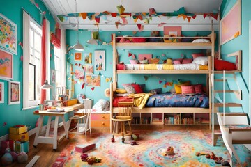 A vibrant children's room with bunk beds and a blank frame hanging amidst colorful wall decor. - obrazy, fototapety, plakaty