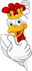 A chicken rooster cockerel bird cartoon character in a kings gold crown peeking around a sign and giving a thumbs up