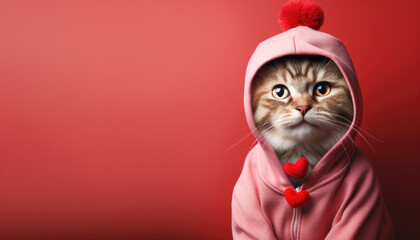Stylish funny cat wearing fashion pink hoodie on red pink background - obrazy, fototapety, plakaty